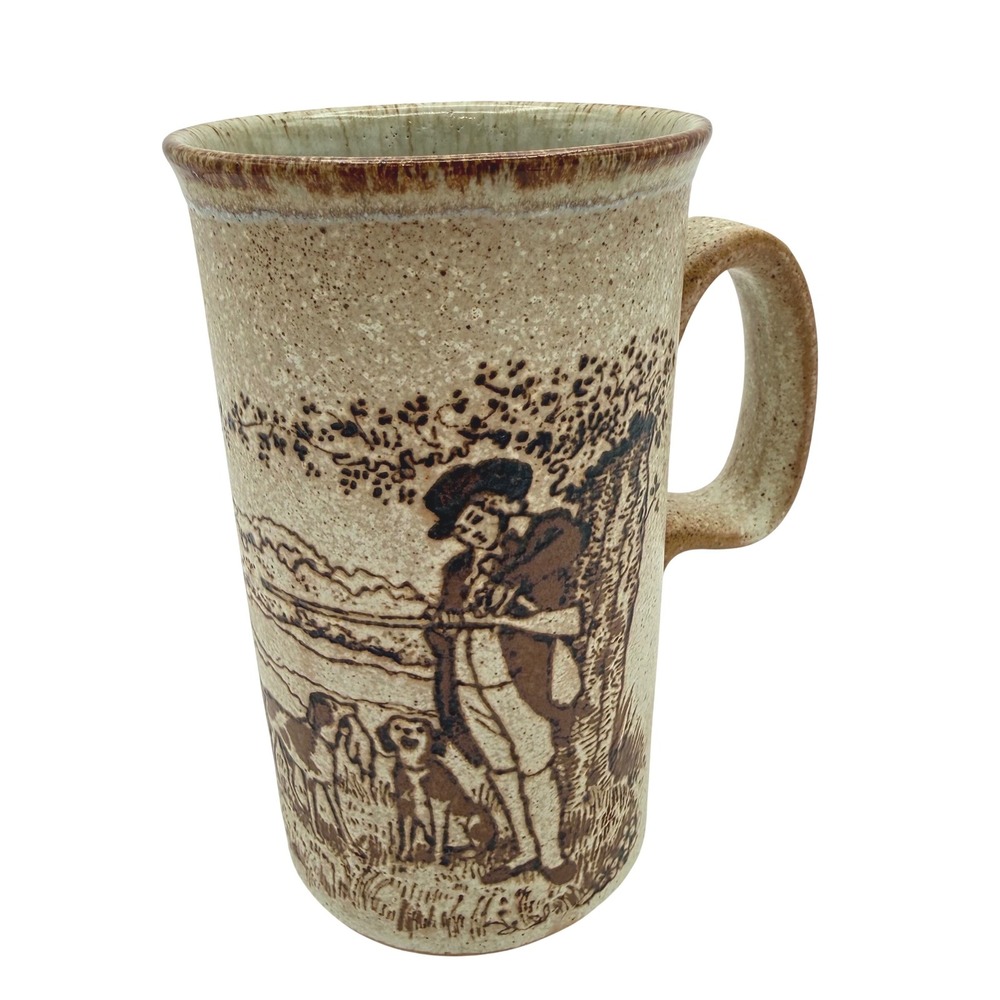 Dunoon Ceramics Scotland Fox Hunt Scene Tall Stoneware Mug Speckled Tan Brown